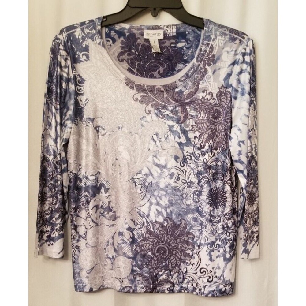Chico's Zenergy Top Paisley Shimmery Blue BOHO Liquid Knit Size Medium